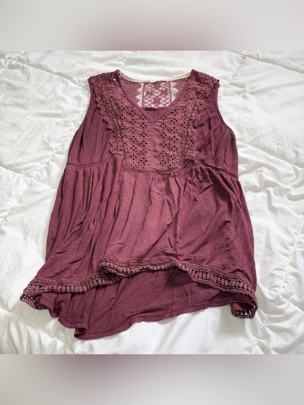 Burgundy Boho Lace Trim Blouse